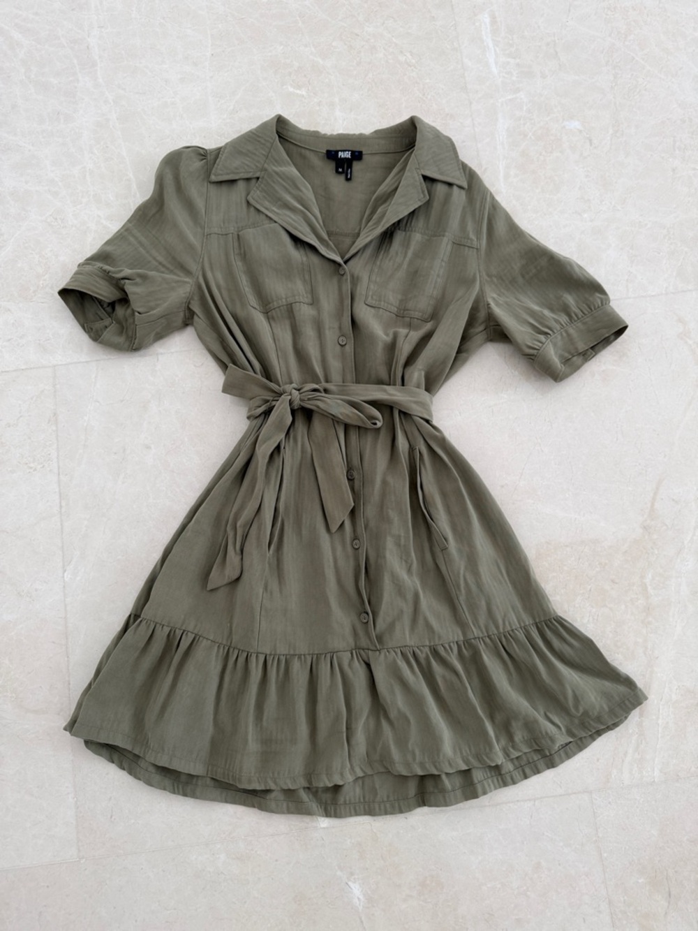 PAIGE Olive Short-Sleeve Button Shirt Dress with Tie Belt